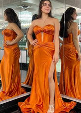 Donna | Mermaid Strapless Emerald Green and Blue Corset Prom Dress Split with Train - Orange - PromDressClub